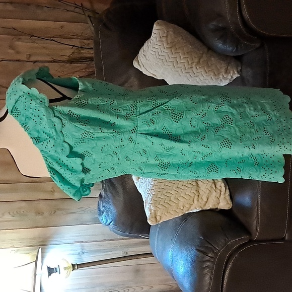 Eliza J Teal One Shoulder Ruffled Eyelet Sheath Midi Dress With Pockets, Size 6 - Picture 5 of 10